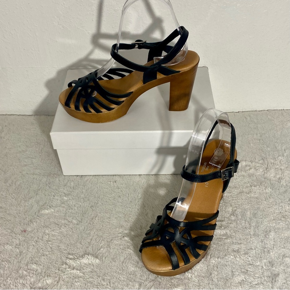 Eric Michael Black Leather Strappy Peep Toe Heeled Sandals EU Size 38 (US 7.5-8)